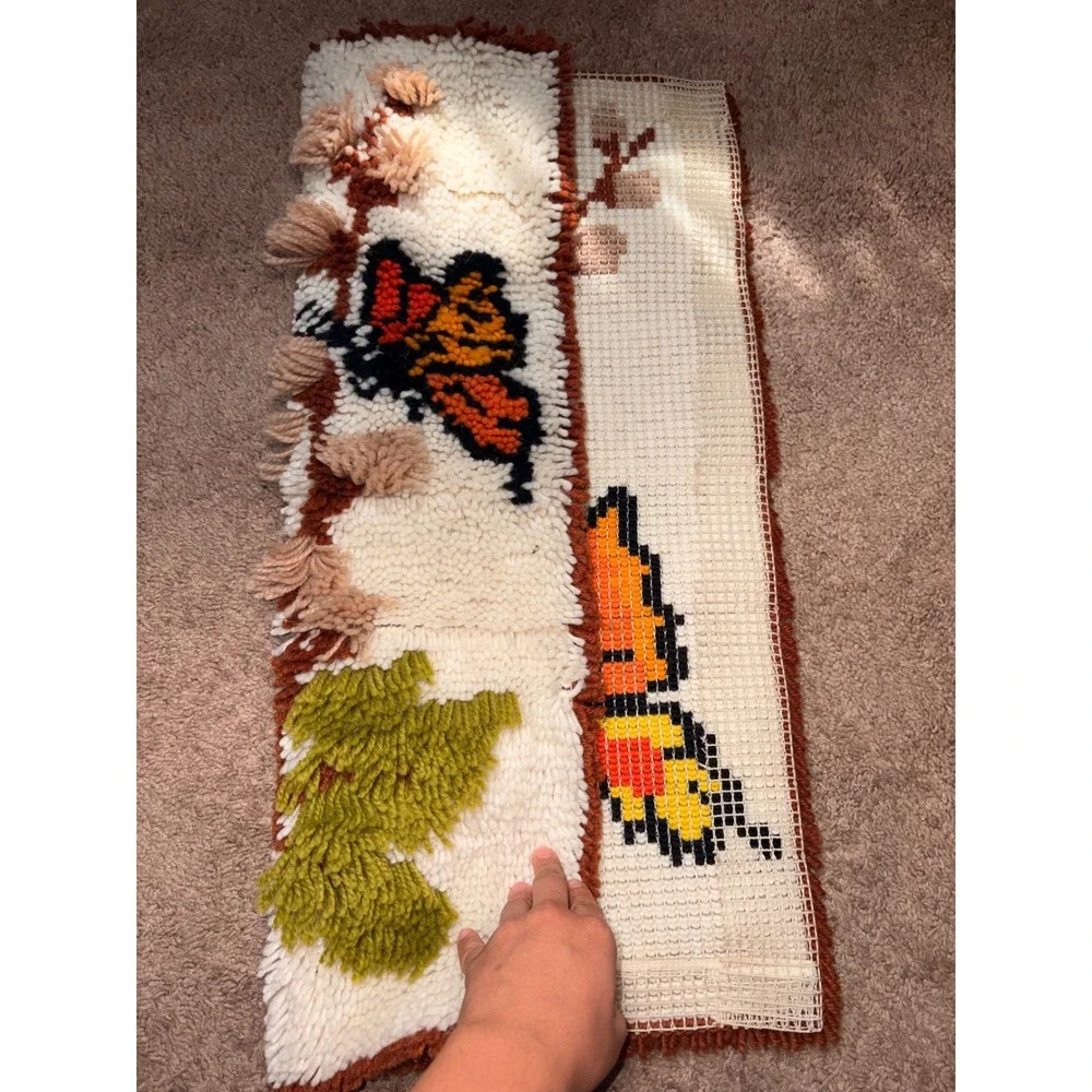 1970s Butterfly Latch Hook Wall Hanging Rug Retro Mid Century Fiber Art Tapestry